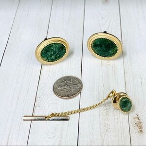 Green Stone Gold Cufflinks Tie Pin Set‎